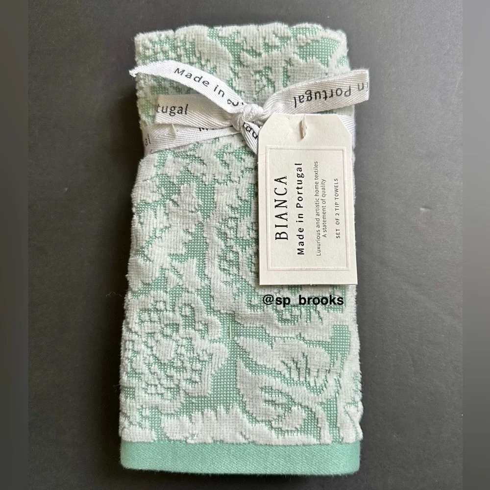 🎁6PC BIANCA Bath Towel Set - Floral Woven Terry Pattern Pastel Green & White